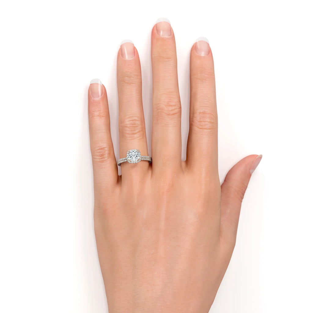 1.5 Carat Cushion Cut Halo Moissanite Bridal Ring Set in 18k Rose Gold Over Silver Q580