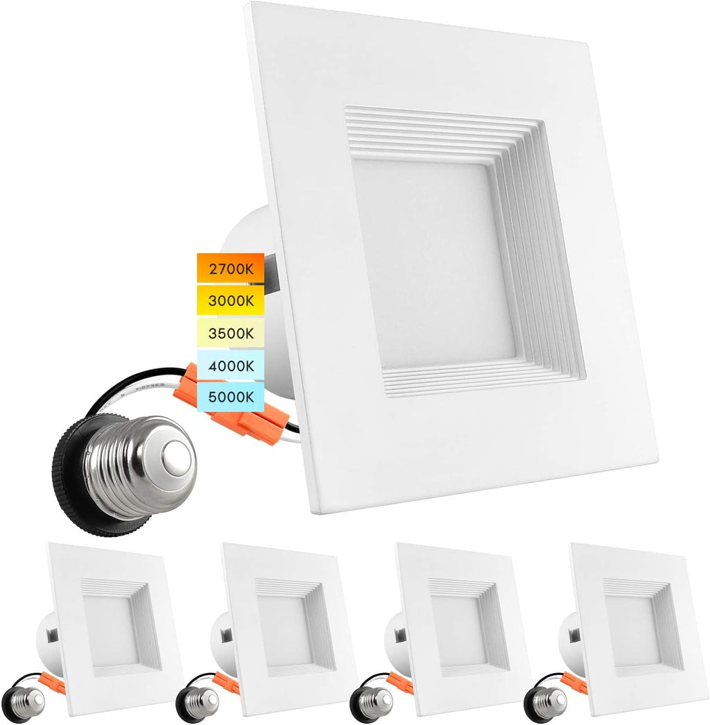 4 Inch Square Recessed LED Can Lights, 750 Lumens, Dimmable, Wet Rated, Baffle Trim, 6 Pack V37537