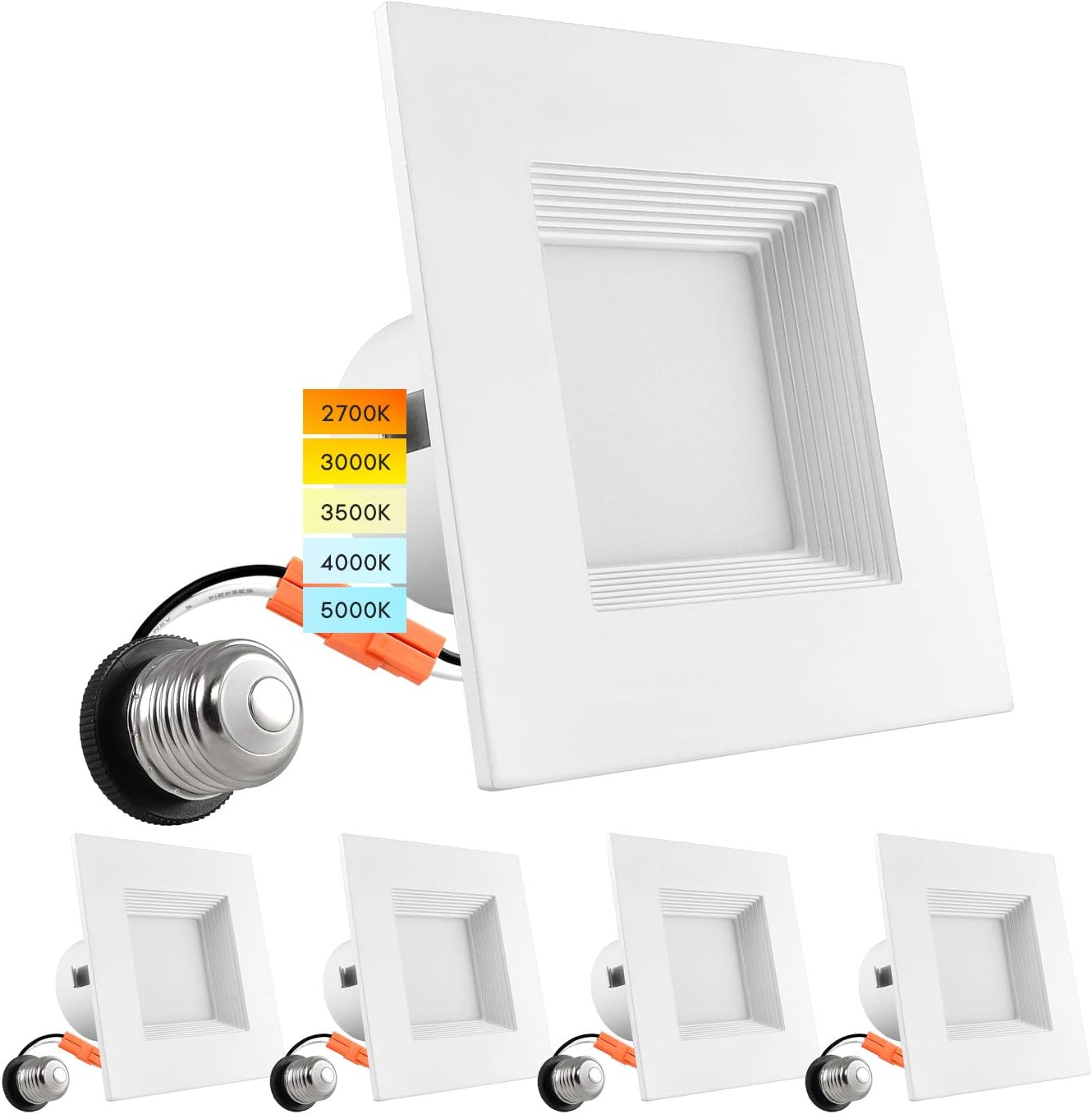 4 Inch Square Recessed LED Can Lights, 750 Lumens, Dimmable, Wet Rated, Baffle Trim, 6 Pack V37537
