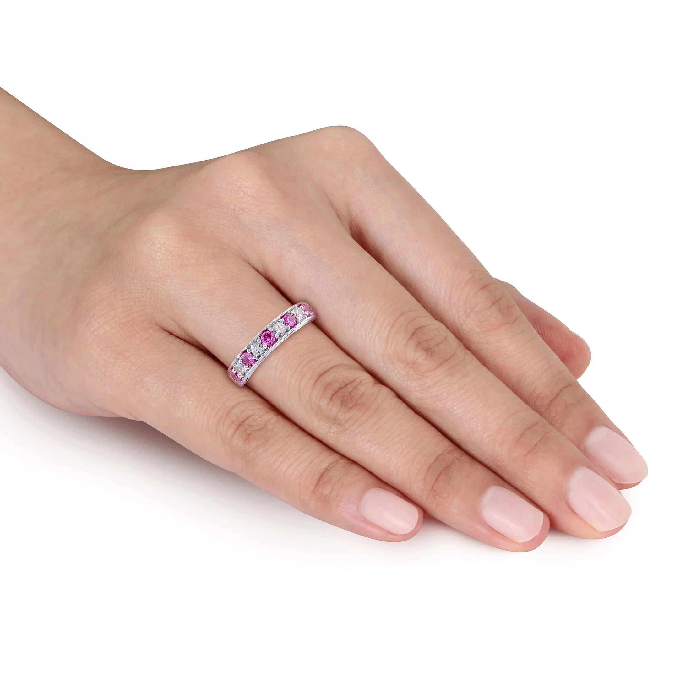 Sterling Silver Anniversary Band with Created White and Pink Sapphire A302