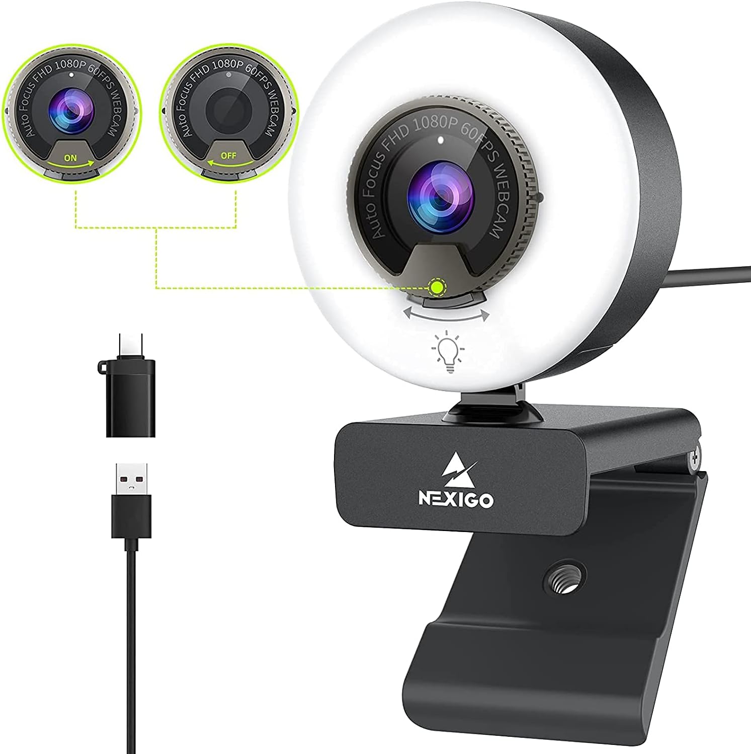 1080P 60FPS Webcam with Light, Fast AutoFocus, Built-in Privacy Cover, Dual Stereo Microphone R918
