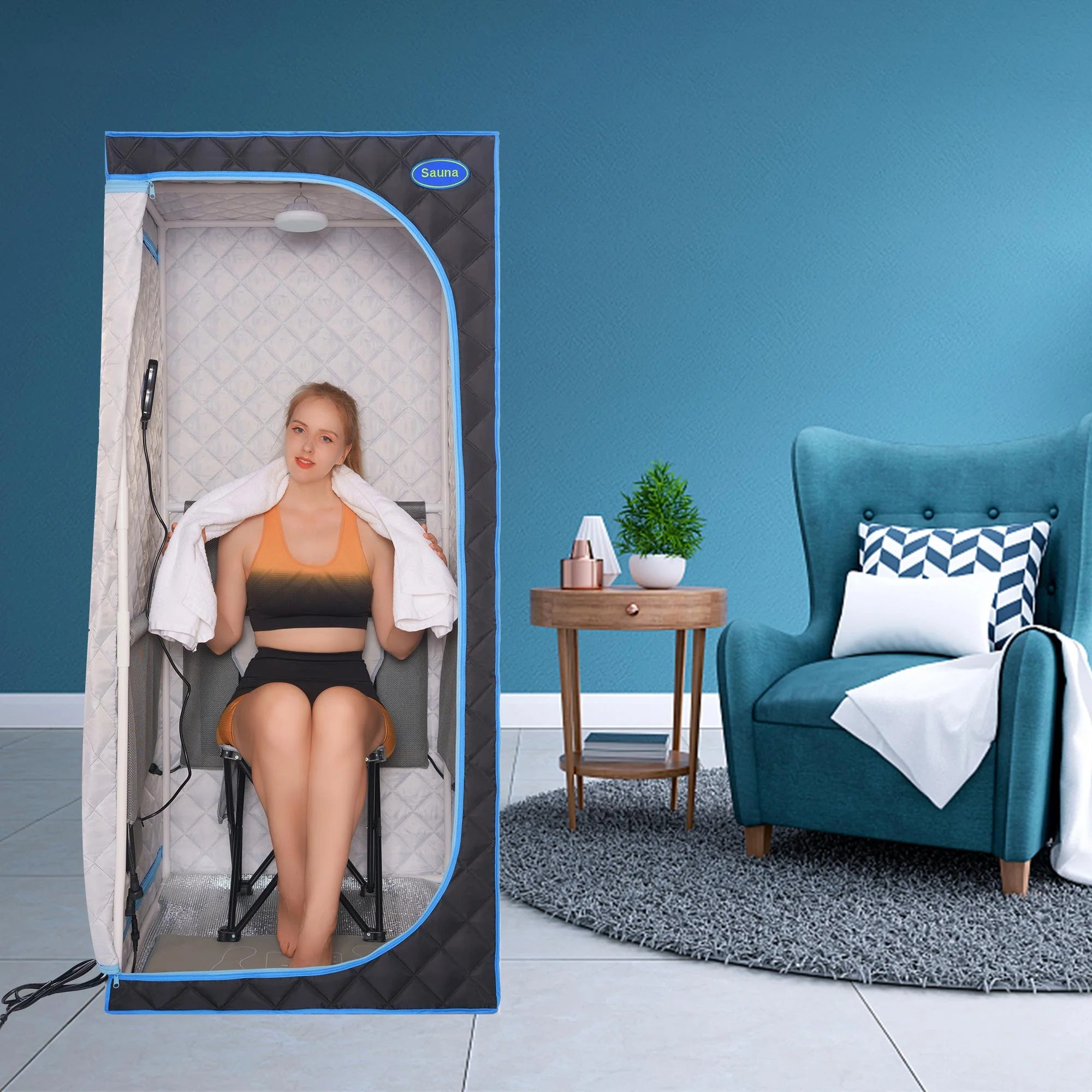 Portable Full Size Black Infrared Sauna Tent with Heating Foot Pad and Foldable Chair E706