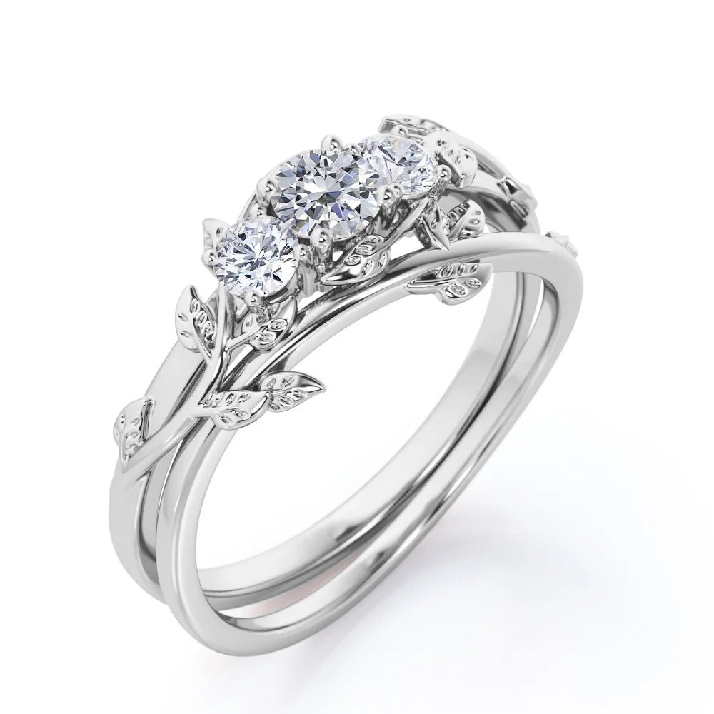 1 Carat Round Brilliant Cut Moissanite Triple Stone Wedding Ring Set in 18K White Gold Plating over Silver J94613