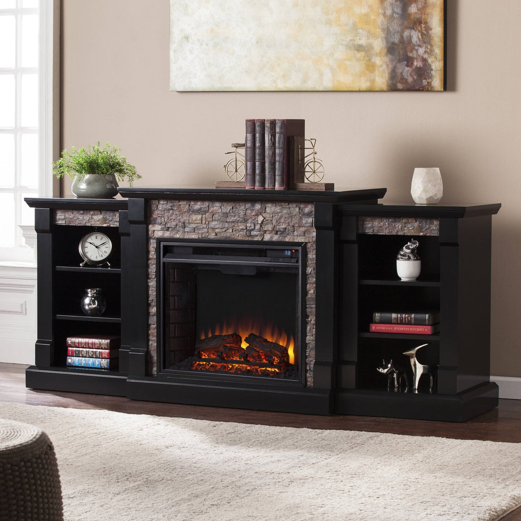 Black Faux Stone Electric Fireplace with Bookcases X33459