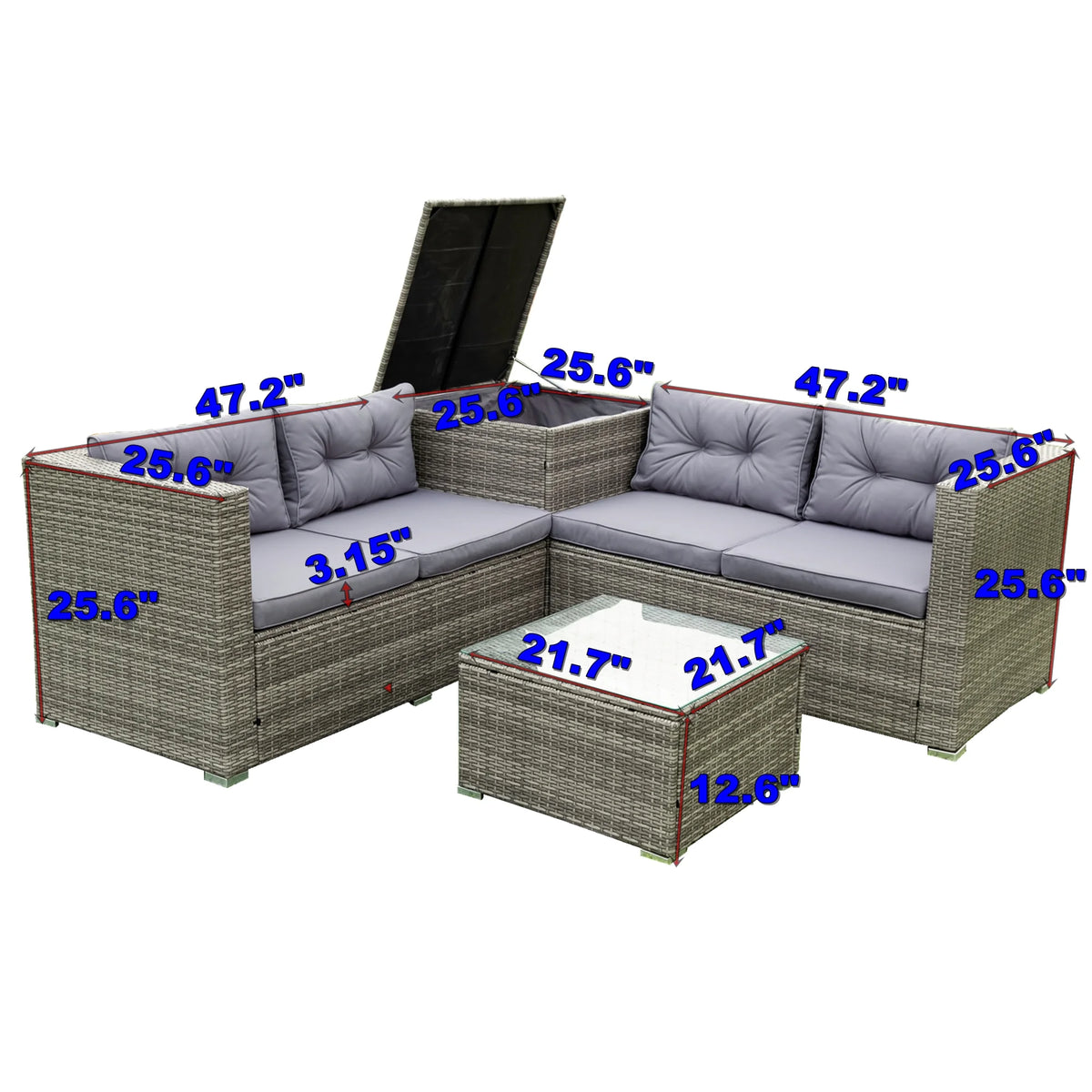 4 Piece Patio Sectional Wicker Rattan Outdoor Furniture Sofa Set with Storage Box Grey B48221