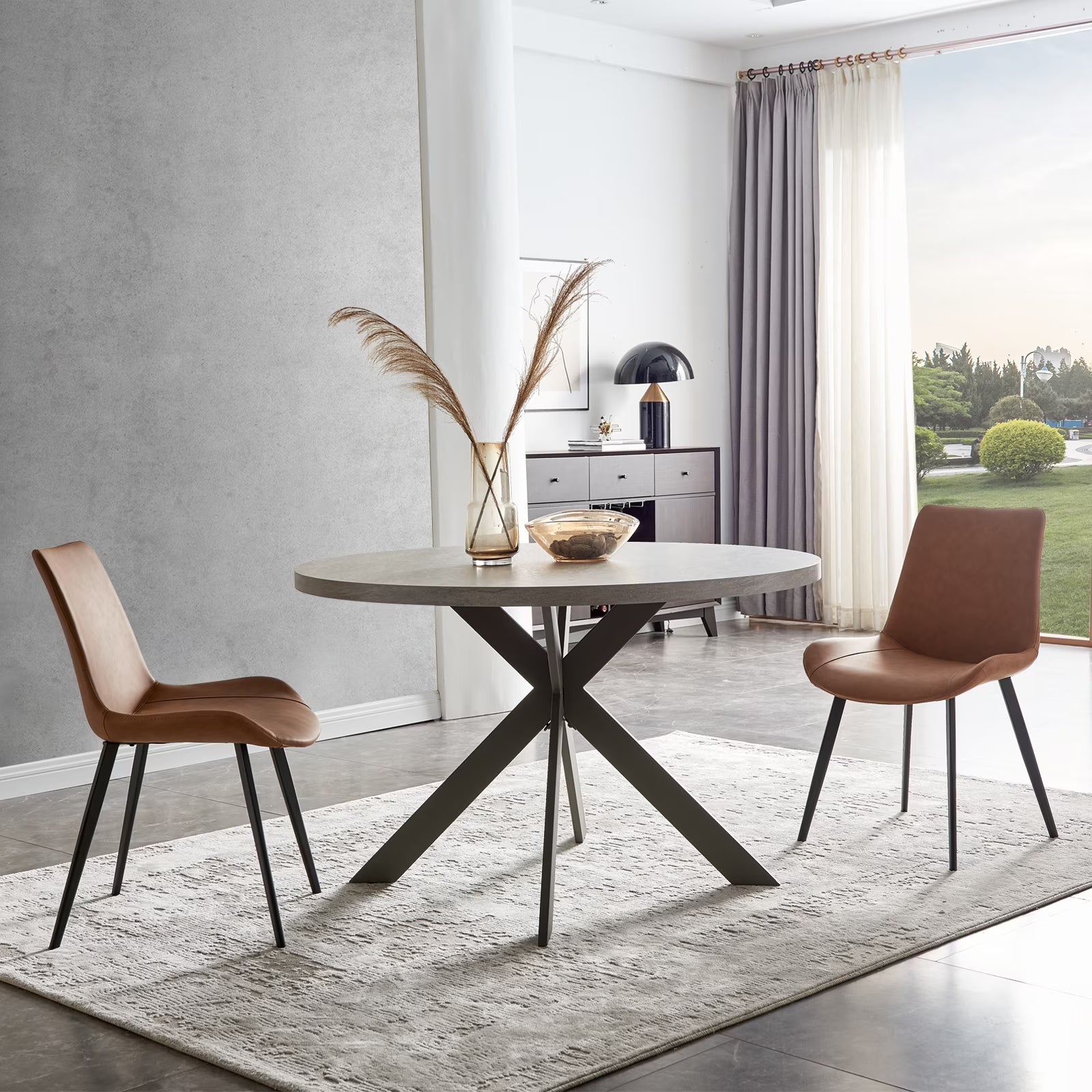 Round Dining Table Set with Steel Legs and 2 Brown Chairs Y33608