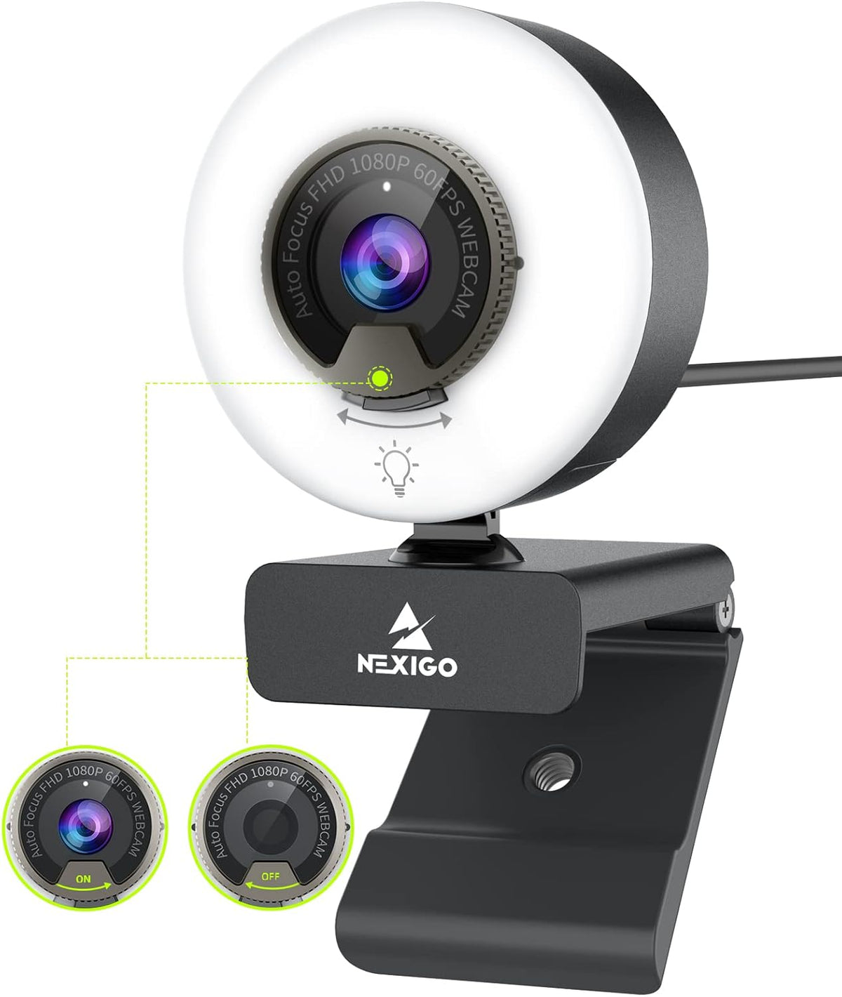 1080P 60FPS Webcam with Light, AutoFocus, Privacy Cover, USB Web Camera, Dual Stereo Microphone U268497