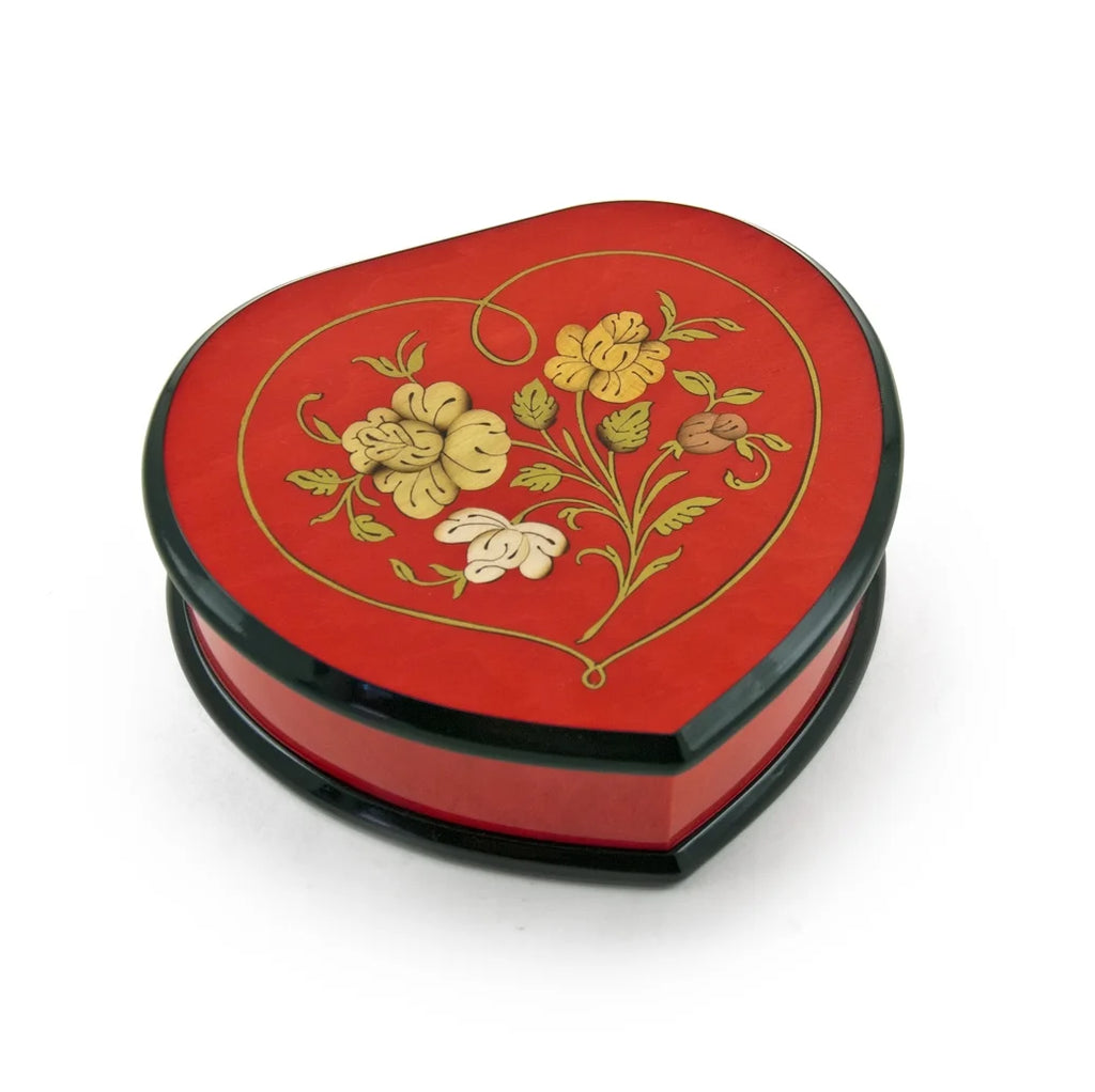 Cherry Red Heart Shaped Music Jewelry Box with Floral Inlay Design L1106