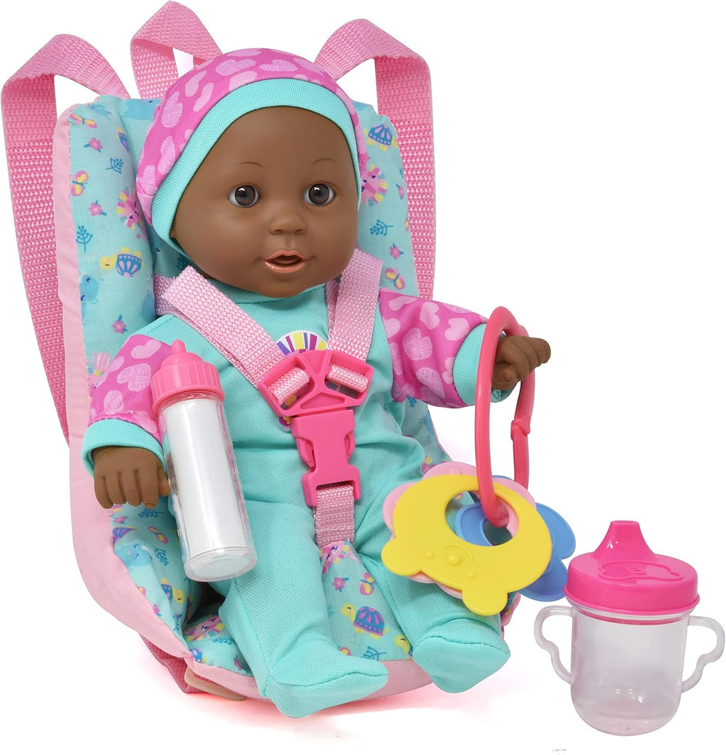 12 Inch Soft Body Black Baby Doll Travel Set with Booster Seat Carrier G29702