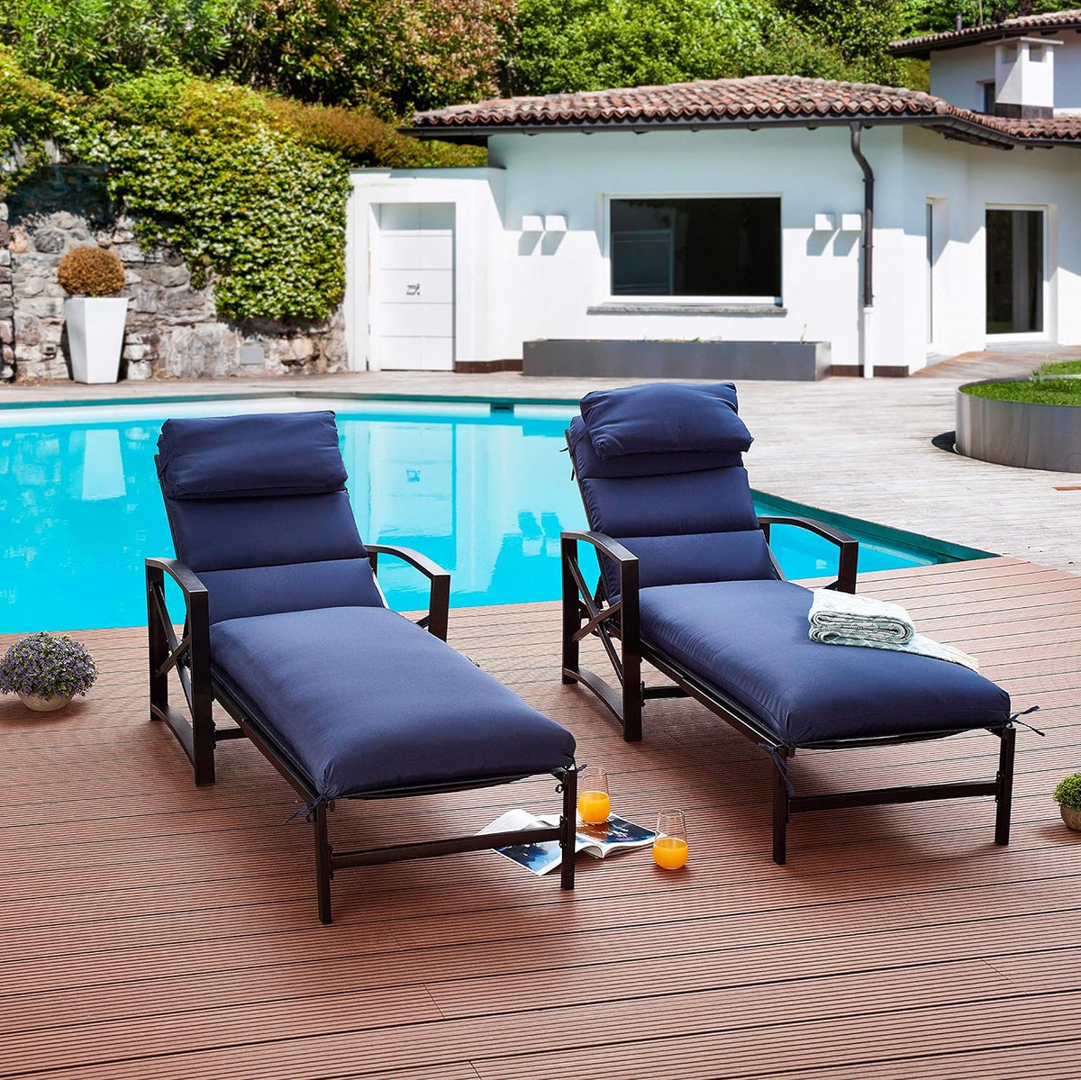 2 Piece Patio Chaise Lounge Chair Set with Cushions, Blue Z18966