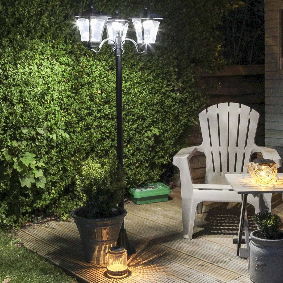 Large Black Triple Head Solar Security Lamp Post, White LEDs, 2.1m C94067