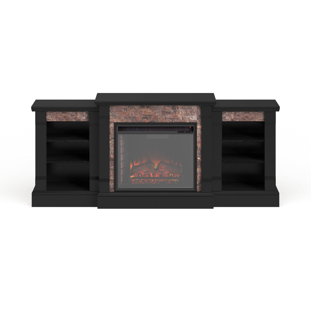 Black Faux Stone Electric Fireplace with Bookcases X33459