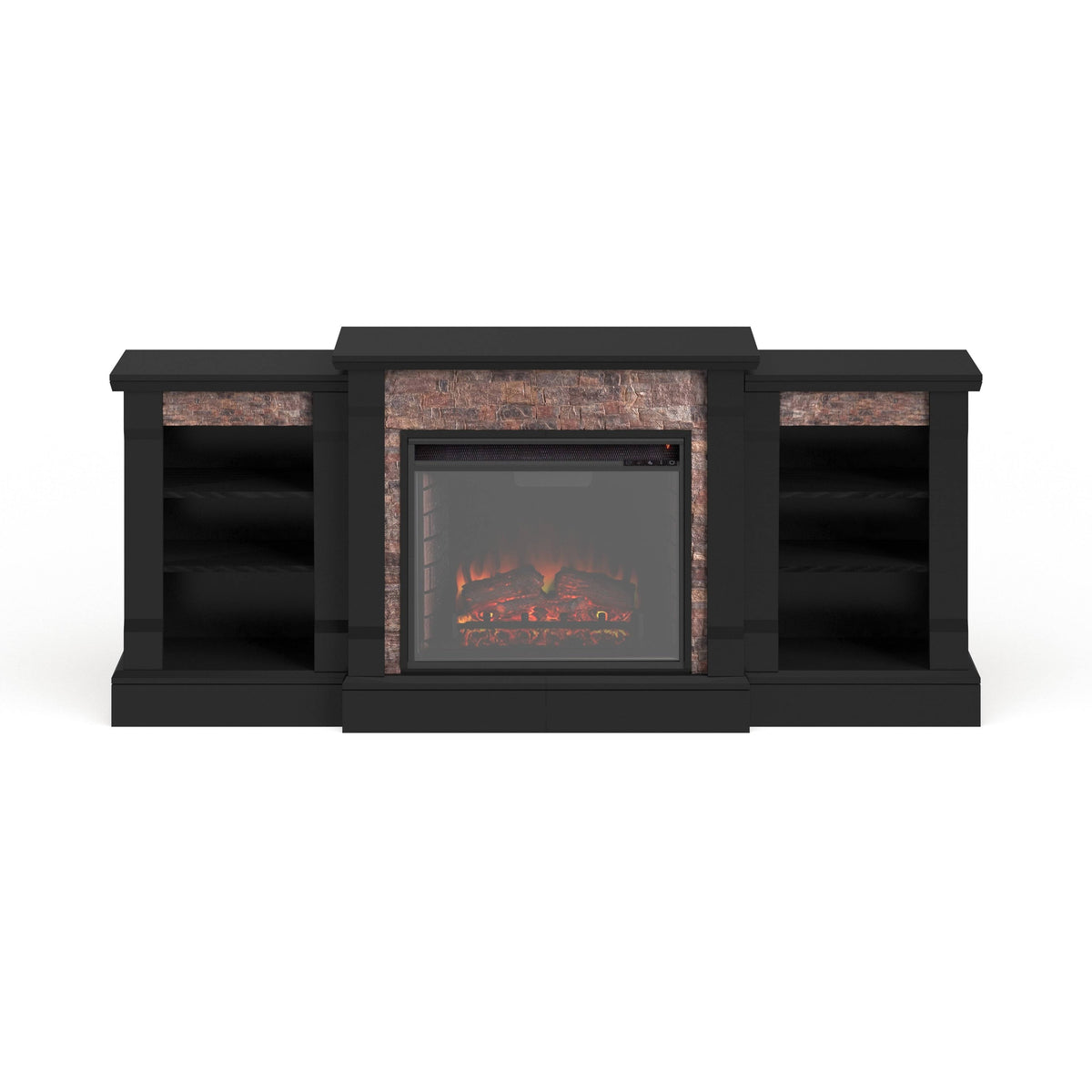 Black Faux Stone Electric Fireplace with Bookcases X33459