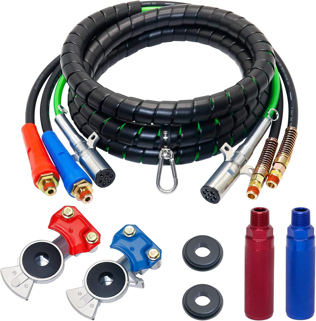15 Ft Heavy Duty 7 Way ABS Electrical Cable and Rubber Air Line Hose Assemblies with Aluminum Glad Hands and Extension Handles A83230
