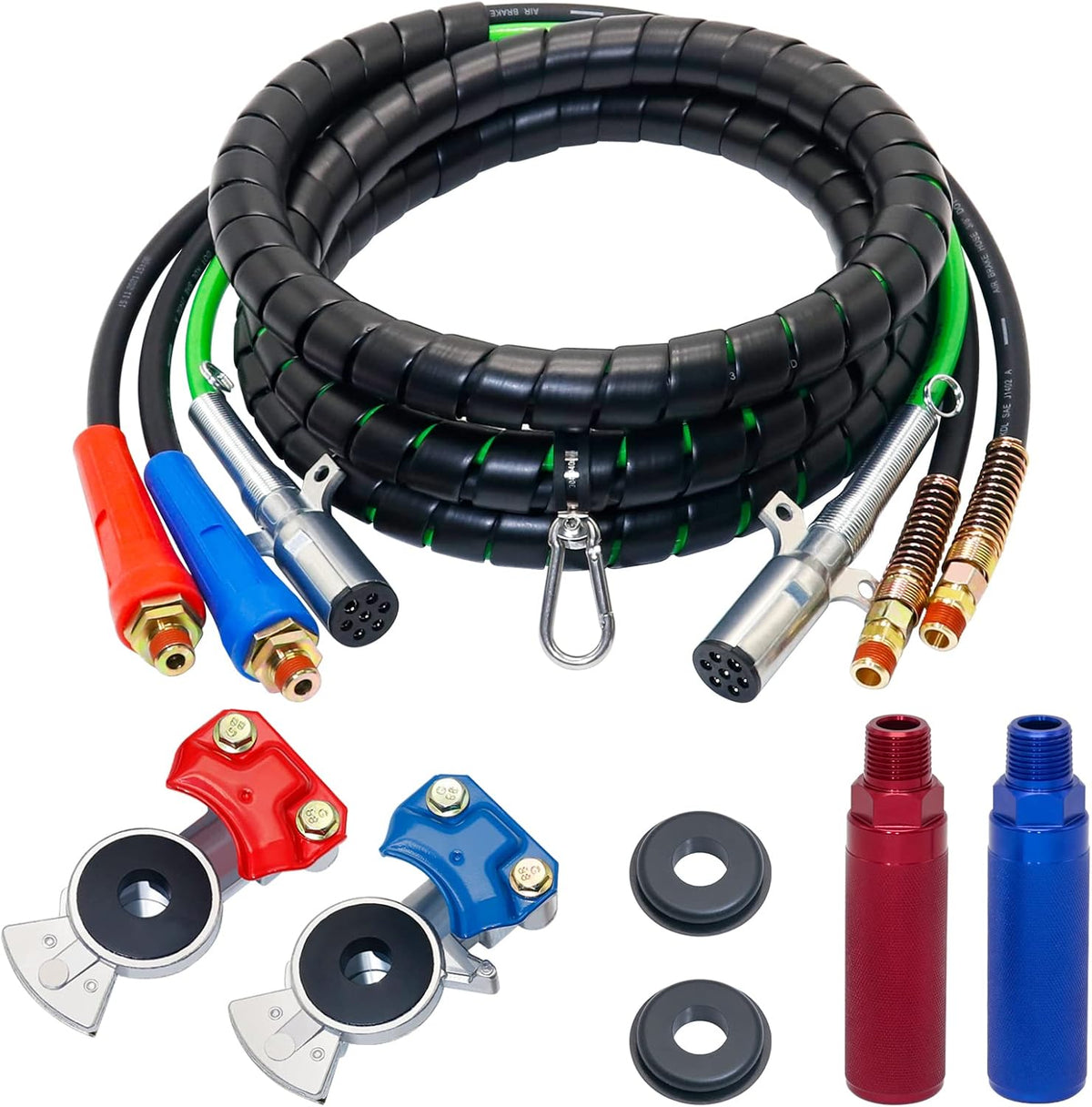15 Ft Heavy Duty 7 Way ABS Electrical Cable and Rubber Air Line Hose Assemblies with Aluminum Glad Hands and Extension Handles A83230