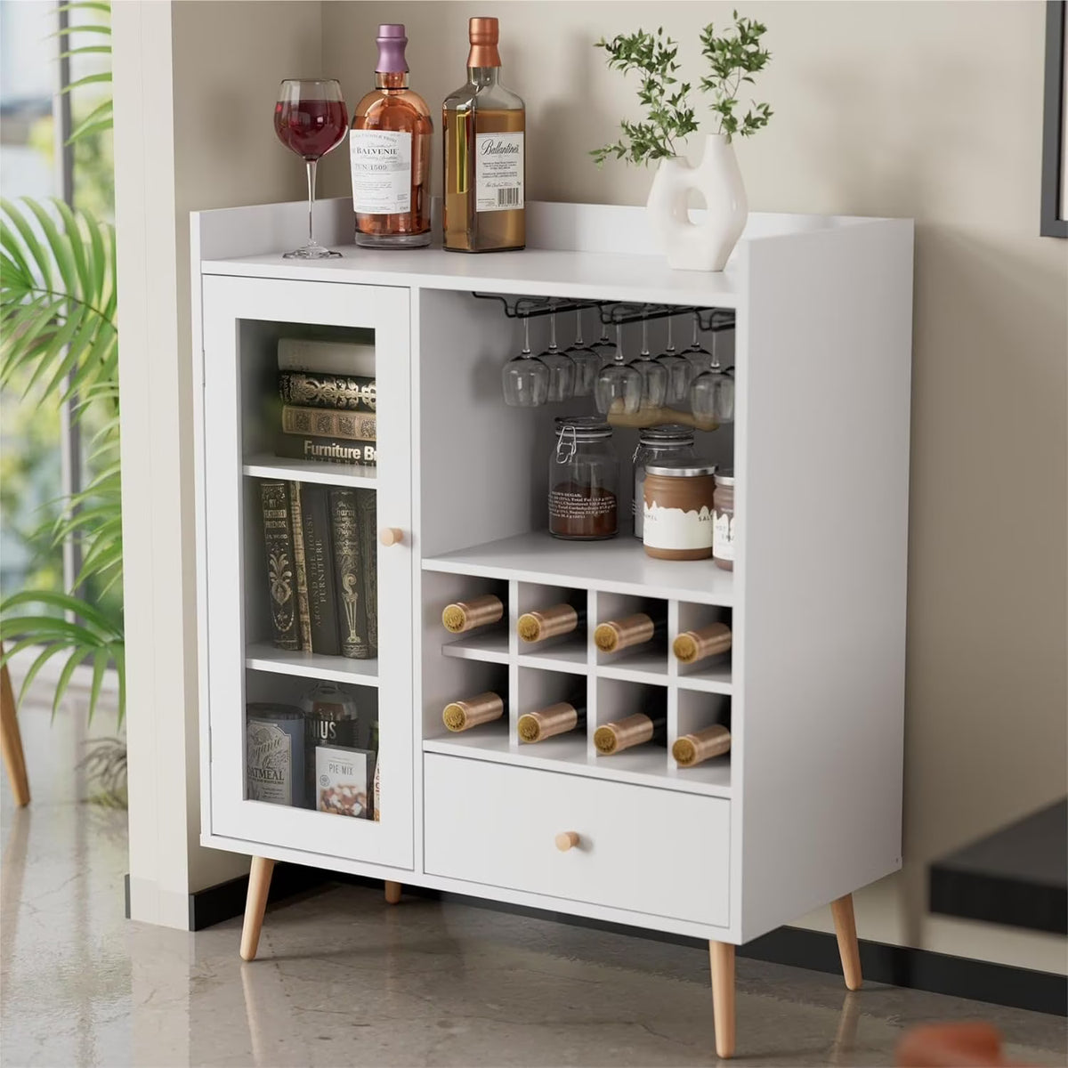White Coffee Bar Cabinet with Storage, Mid-Century Modern Buffet Sideboard with Removable Wine Rack, Acrylic Door S232389