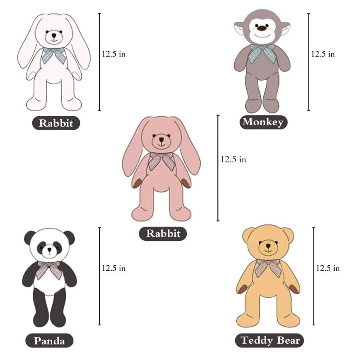 5 Packs Soft Stuffed Animals Teddy Bear, Monkey, Panda, Rabbit, 12.5" E14657