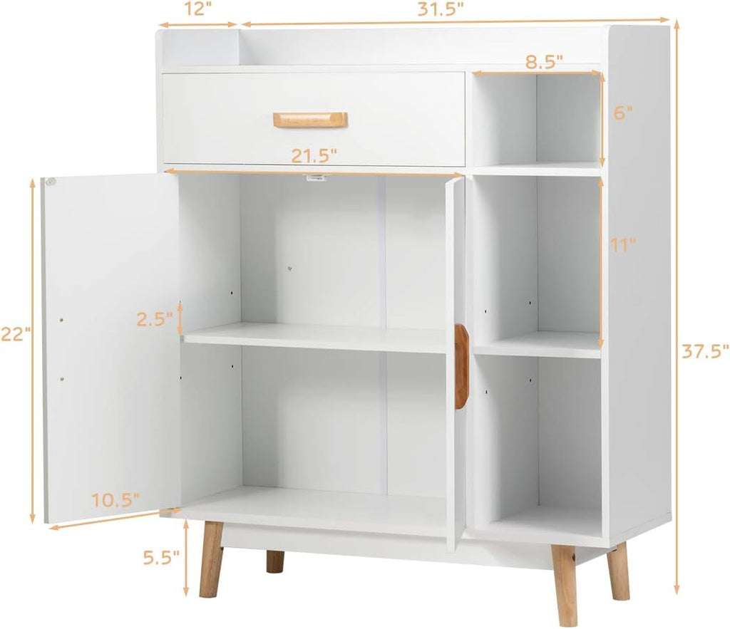 White Floor Storage Cabinet with 1 Drawer, 2 Doors, 3 Shelves I952