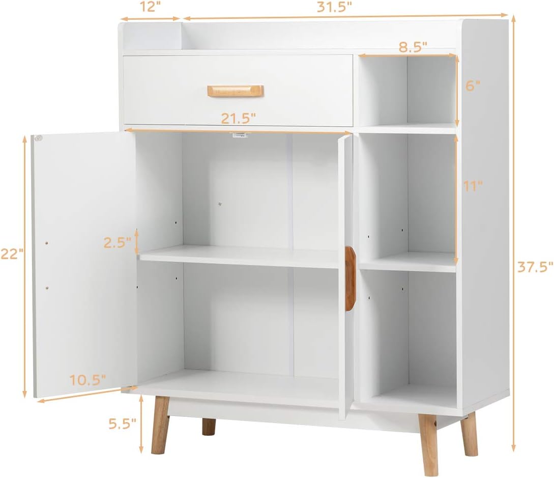 White Floor Storage Cabinet with 1 Drawer, 2 Doors, 3 Shelves I952
