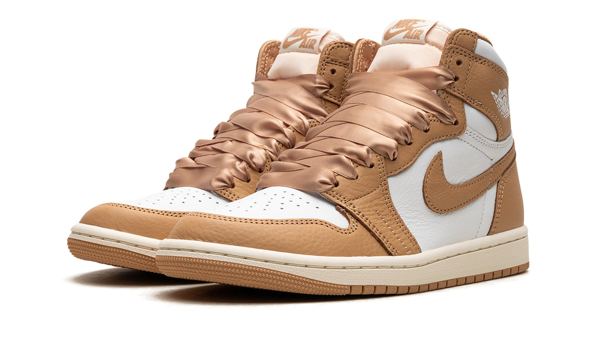 Air Jordan 1 Retro High OG Sneakers - Tan and White with Satin-Style Ribbon Laces