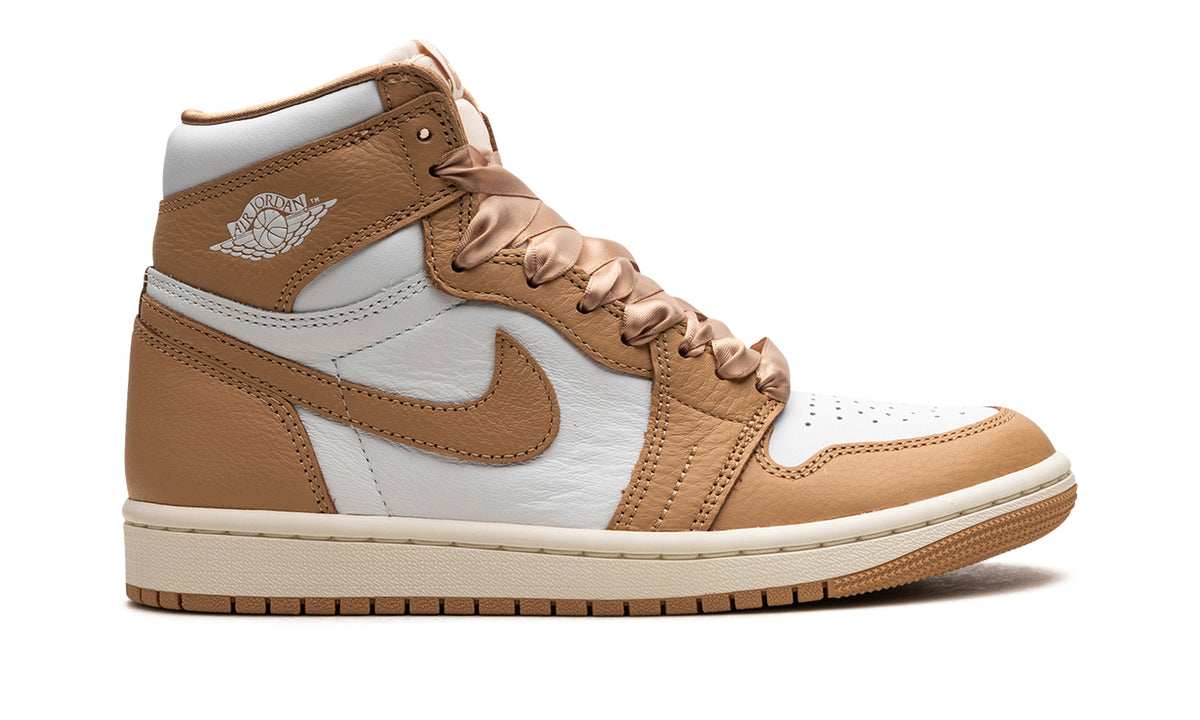 Air Jordan 1 Retro High OG Sneakers - Tan and White with Satin-Style Ribbon Laces
