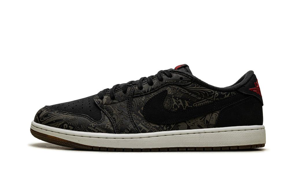 Air Jordan 1 Retro Low OG Sneakers - Black with Tonal Graphic Print and Red Accents