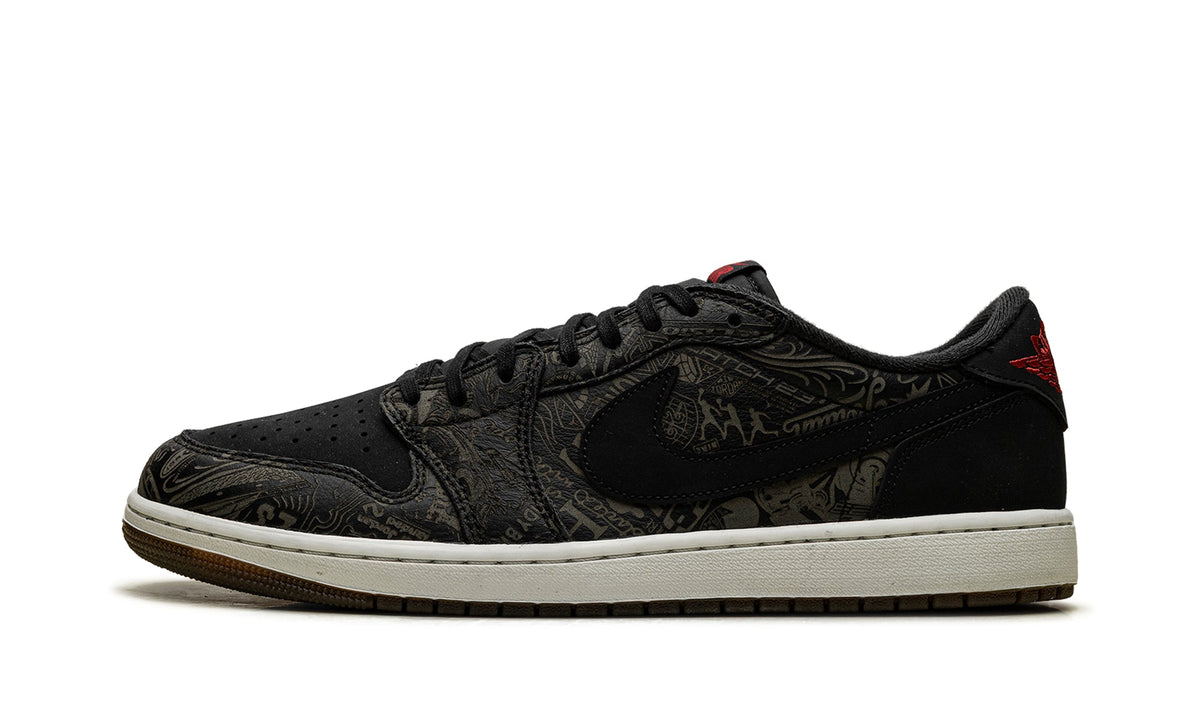 Air Jordan 1 Retro Low OG Sneakers - Black with Tonal Graphic Print and Red Accents