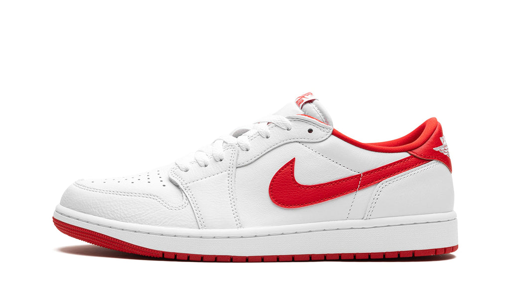 Air Jordan 1 Retro Low OG Sneakers - White with Red Swooshes and Outsole