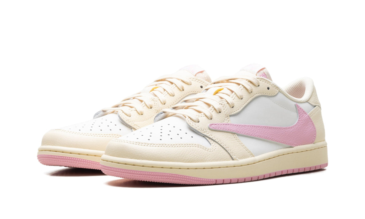 Air Jordan 1 Low OG Sneakers - White and Cream with Pink Swoosh and Outsole