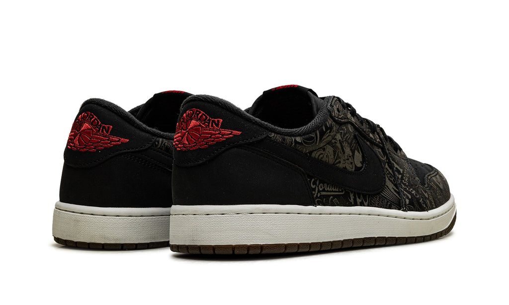 Air Jordan 1 Retro Low OG Sneakers - Black with Tonal Graphic Print and Red Accents