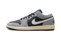 Air Jordan 1 Low Sneakers - Gray and Black with White Swooshes and Cream Midsole