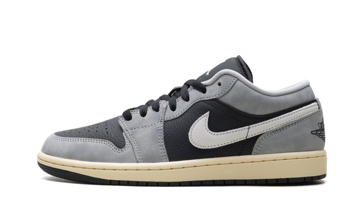 Air Jordan 1 Low Sneakers - Gray and Black with White Swooshes and Cream Midsole