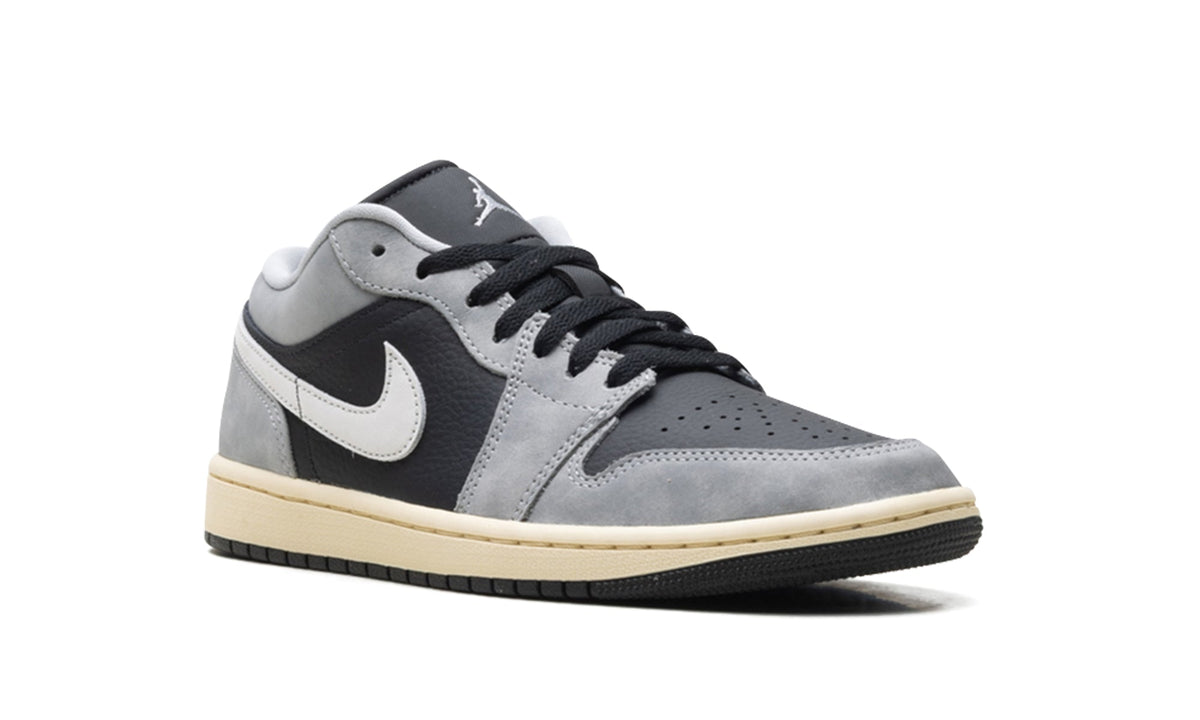 Air Jordan 1 Low Sneakers - Gray and Black with White Swooshes and Cream Midsole