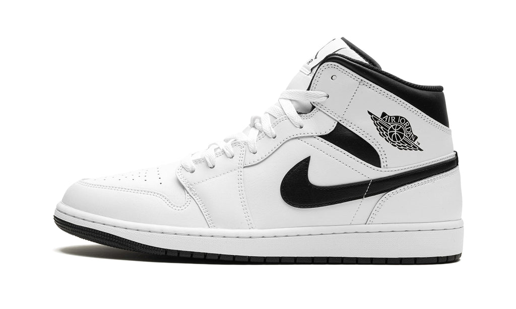 Air Jordan 1 Mid Sneakers - White with Black Swooshes and Collar