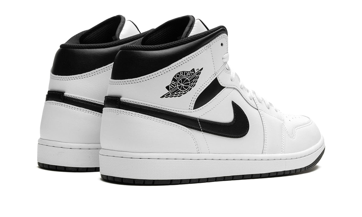 Air Jordan 1 Mid Sneakers - White with Black Swooshes and Collar