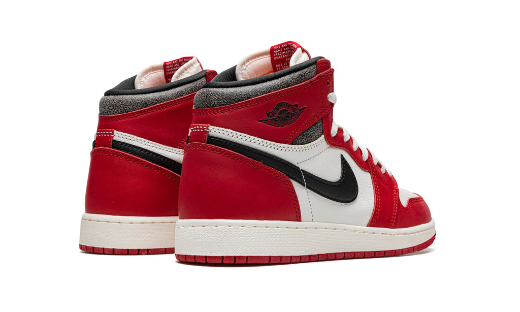Air Jordan 1 Retro High OG Sneakers - Red and White with Black Swoosh and Cracked Collar