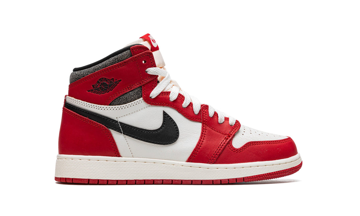 Air Jordan 1 Retro High OG Sneakers - Red and White with Black Swoosh and Cracked Collar