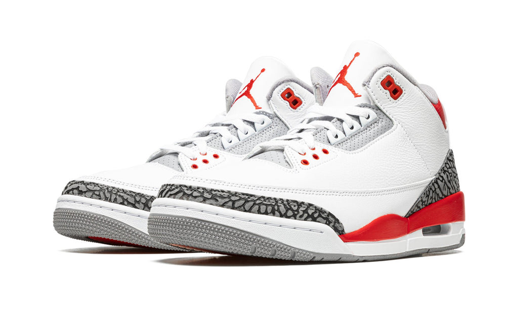 Air Jordan 3 Retro Sneakers - White and Red with Gray Elephant-Print Overlays