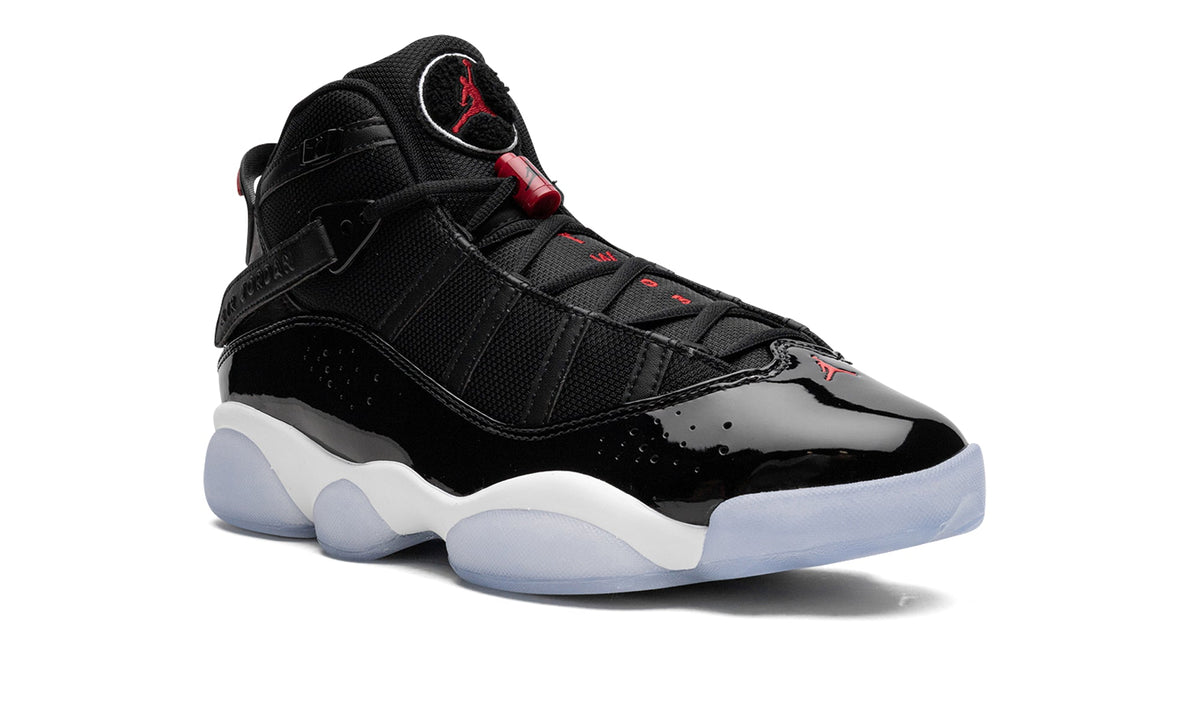 Jordan 6 Rings Sneakers - Black and White with Red Details and Icy Blue Outsole