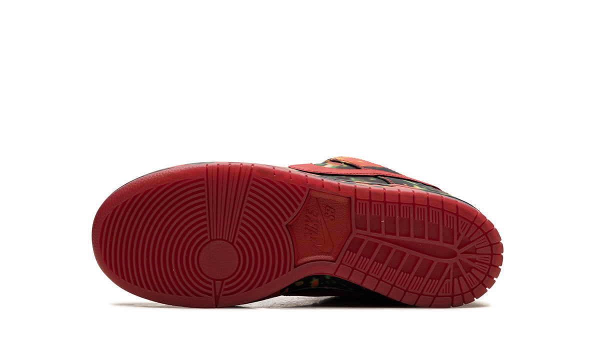 Nike Dunk Low Sneakers - Multicolor Abstract Print with Red Swooshes