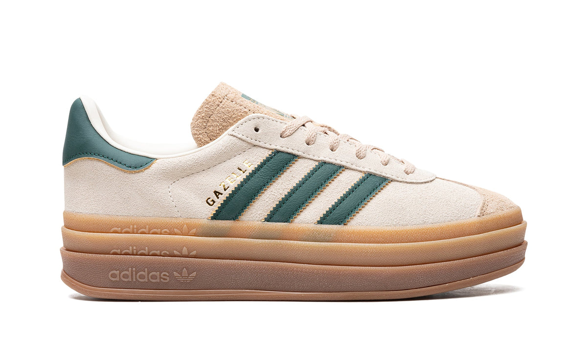 adidas Gazelle Bold Platform Sneakers - Cream with Dark Green Stripes and Gum Sole