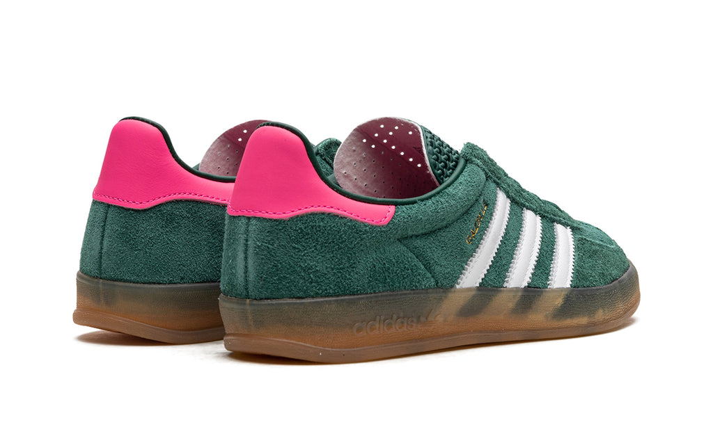 adidas Gazelle Indoor Sneakers - Forest Green and White with Pink Heel and Gum Sole