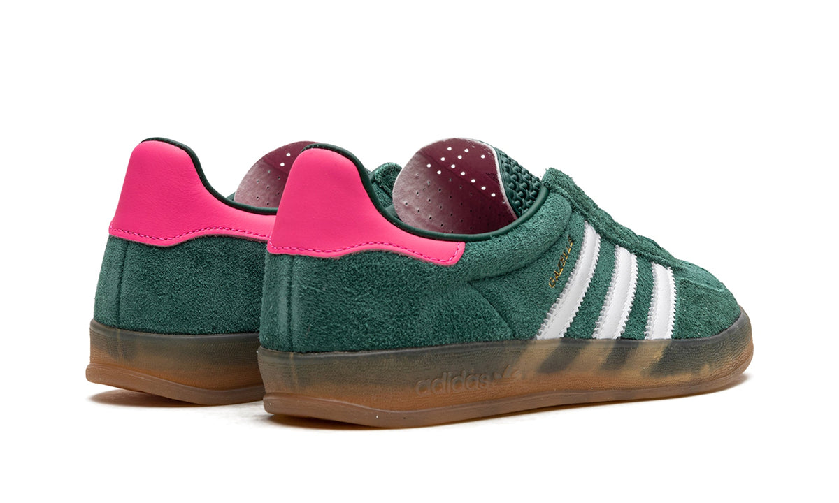 adidas Gazelle Indoor Sneakers - Forest Green and White with Pink Heel and Gum Sole