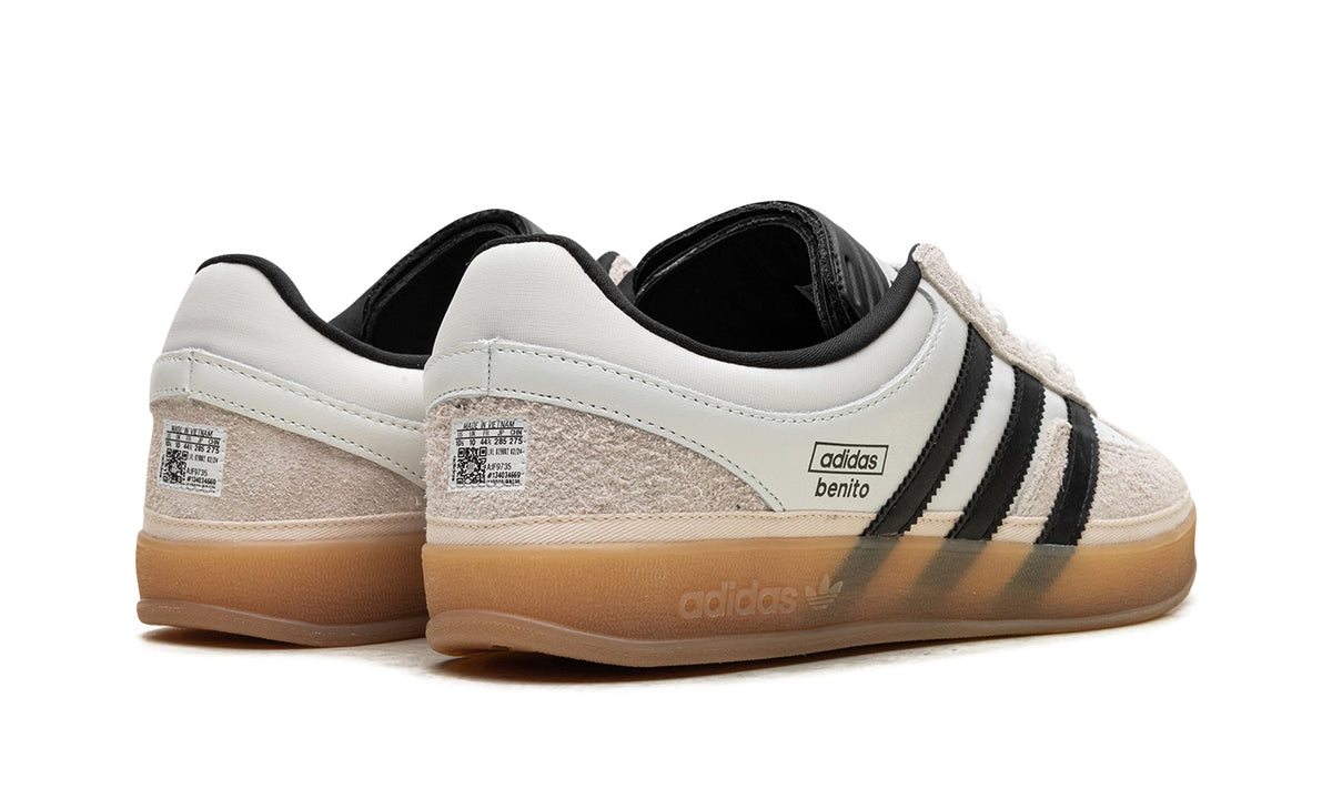 adidas Gazelle Indoor Sneakers - White & Black with Benito Branding and Gum Sole