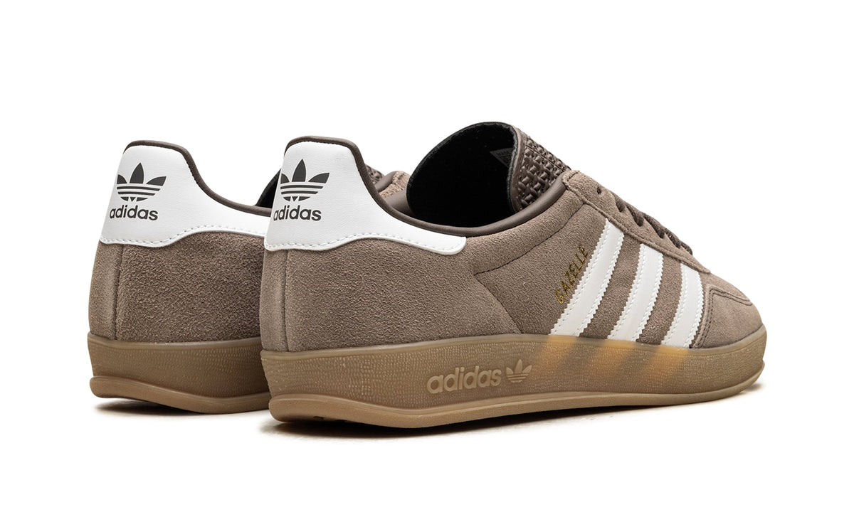 adidas Gazelle Indoor Sneakers - Taupe with White Stripes and Gum Sole