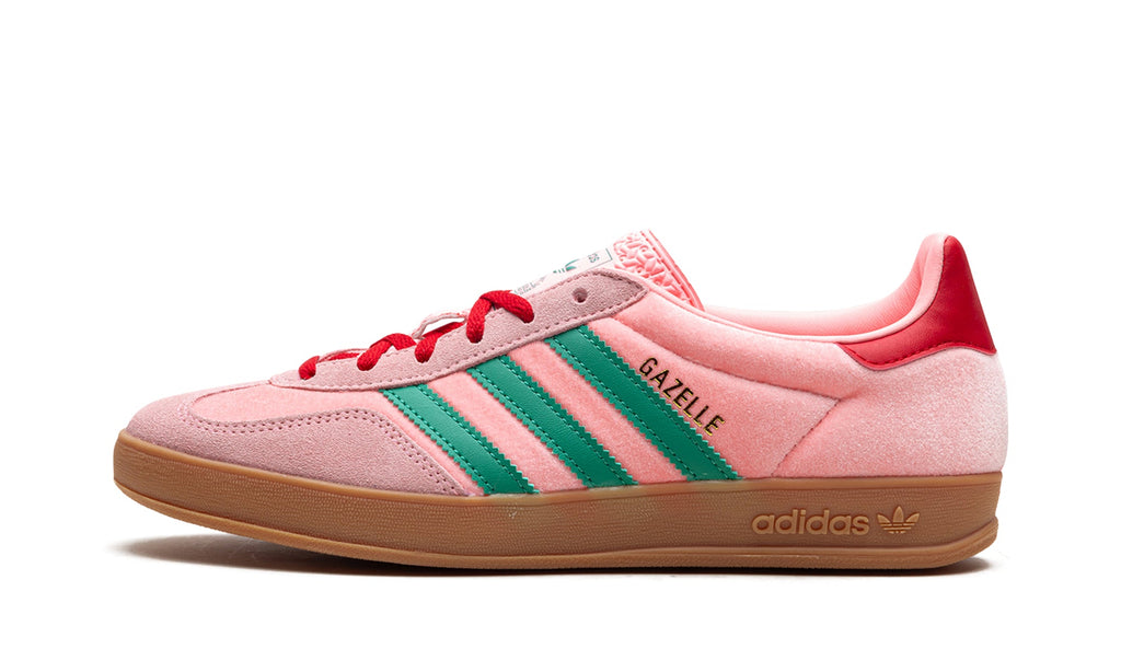adidas Gazelle Indoor Sneakers - Pink with Green Stripes, Red Accents and Gum Sole
