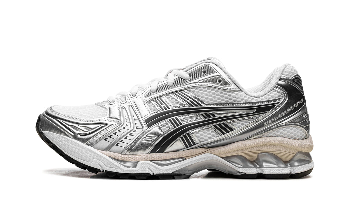 ASICS GEL-KAYANO 14 Sneakers - White and Metallic Silver with Black Accents
