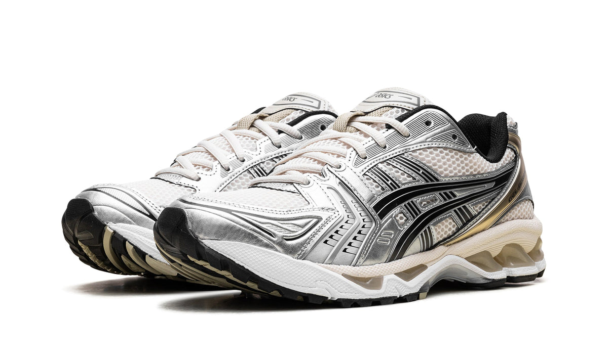 ASICS GEL-KAYANO 14 Sneakers - White and Metallic Silver with Black and Gold-Tone Details