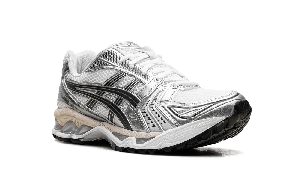 ASICS GEL-KAYANO 14 Sneakers - White and Metallic Silver with Black Accents