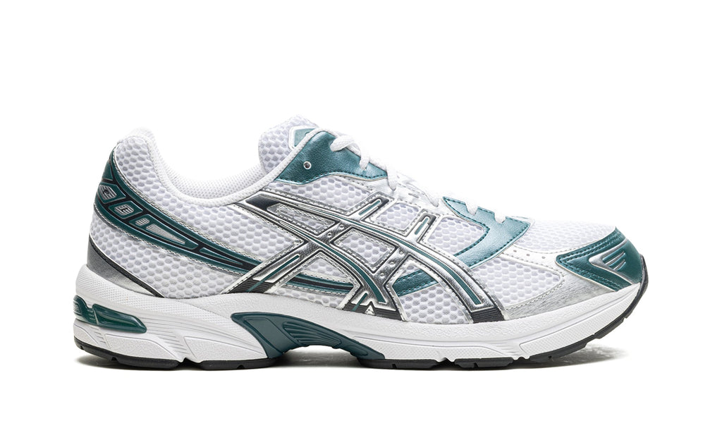 ASICS GEL-1130 Sneakers – White Mesh, Metallic Silver Overlays & Deep Teal Accents